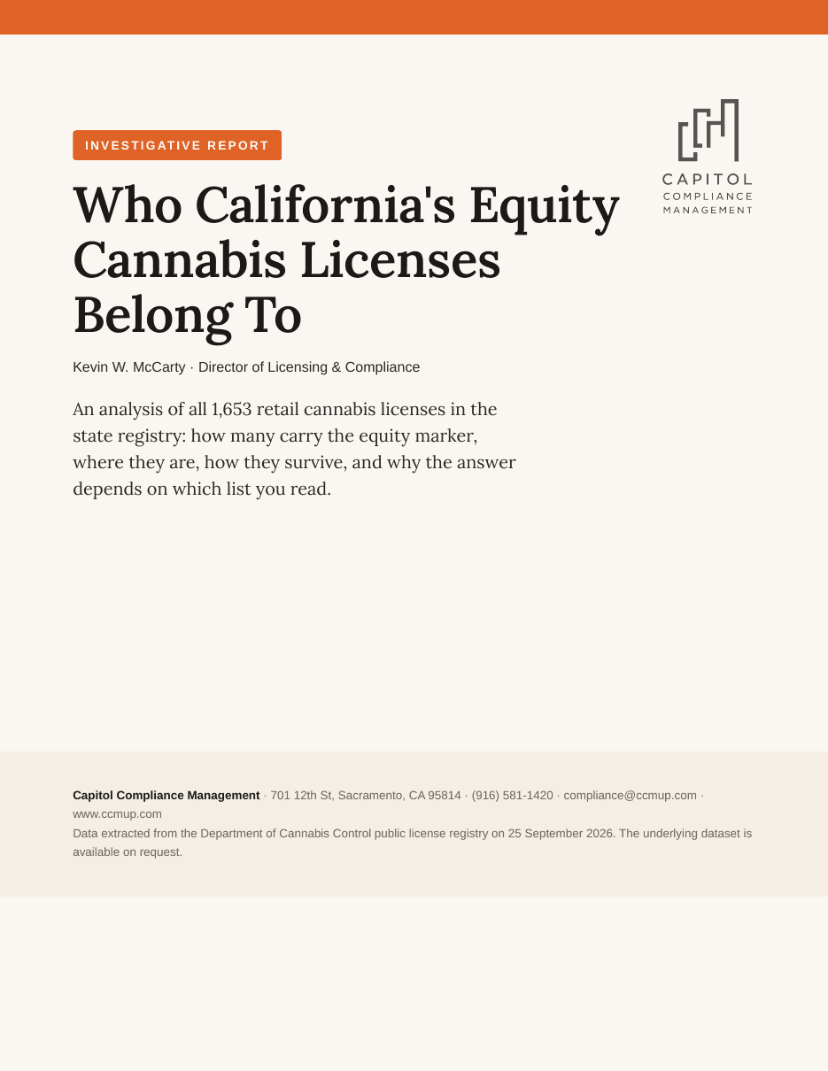 Cover of the CCM report Who California's Equity Cannabis Licenses Belong To